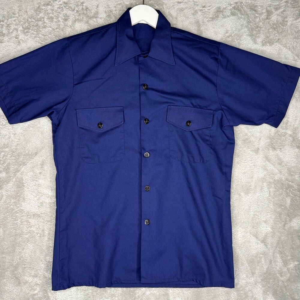 Vtg 80s Navy Military Utility Shirt Mens Medium Short Sleeve Button Up Anchor